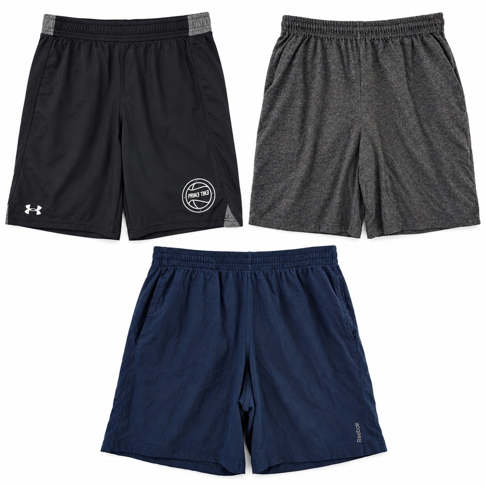Lot of 3 Athletic Shorts Mens M Black Grey Navy Under Armour Reebok Russell EUC